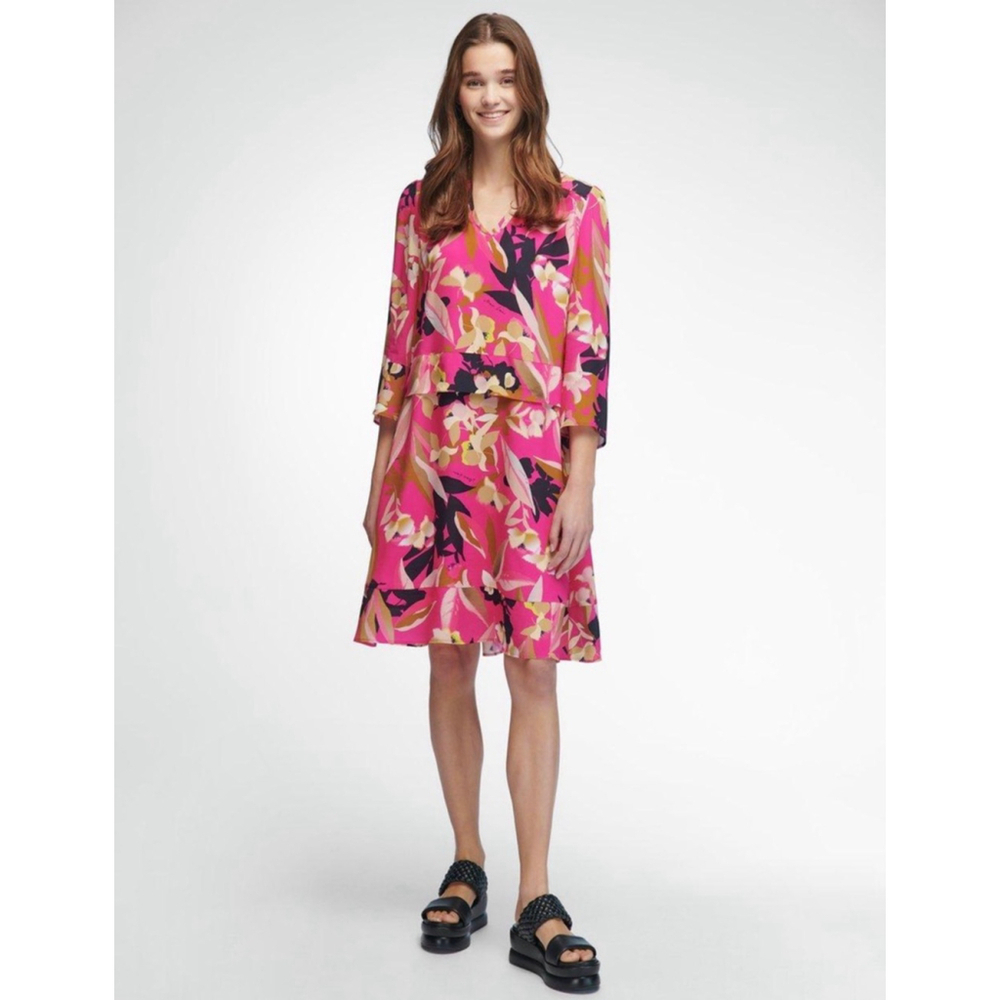 Marc Cain Pink Black Silk Blend Floral V-Neck Layered Dress US 4
